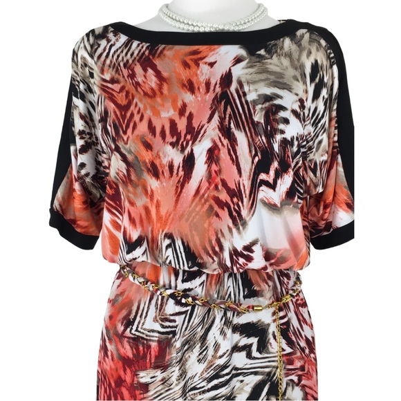 Thalia Sodi Coral Zebra Black Slit Sleeve Cocktail Blouson Midi Dress size Small - Picture 4 of 15